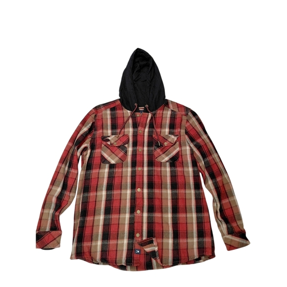 Red and Black Flannel Plaid Casual Button Down Shirt with Hood - Picture 1 of 11